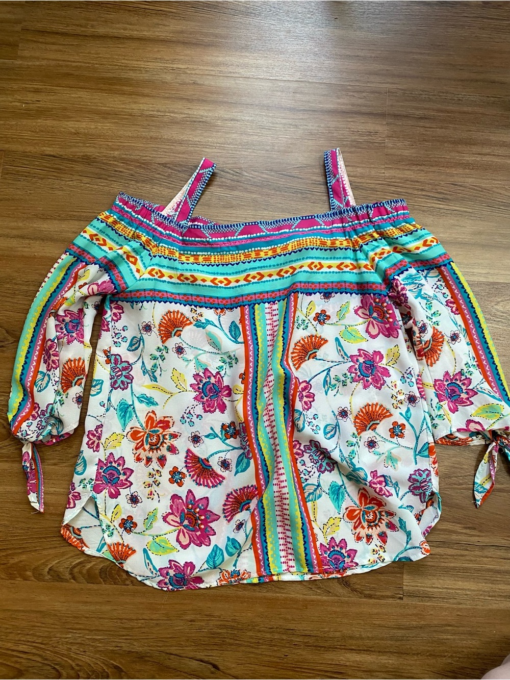 Bright Floral Off-Shoulder Blouse with Multicolor Stripes